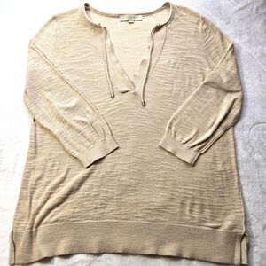 LOFT Women's Beige 3/4 Sleeve V-Neck Tasseled Blouse - Size XL